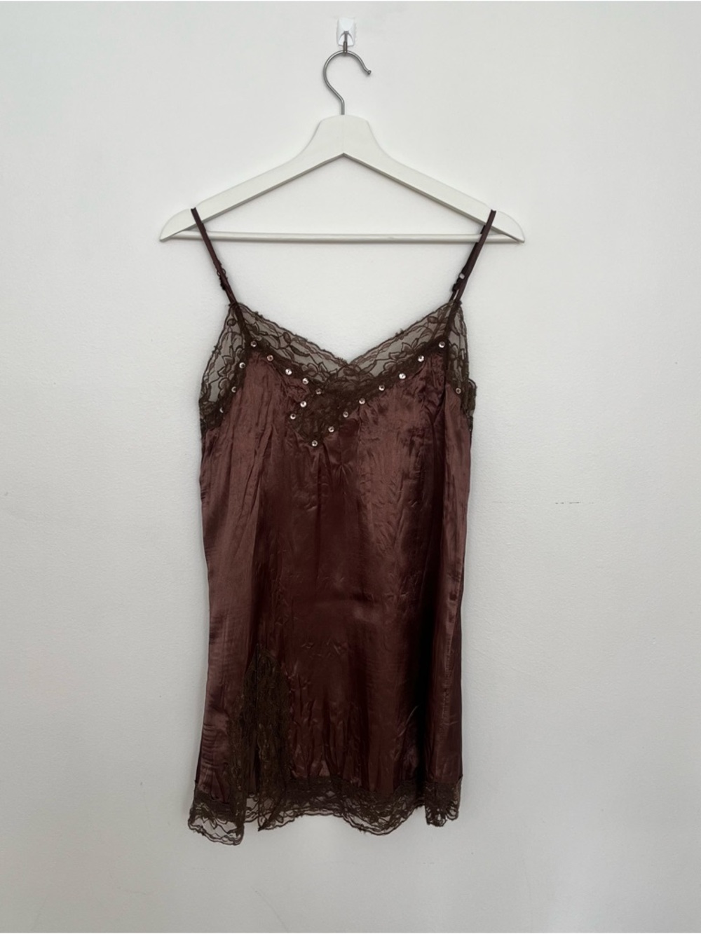 Brown Lace-Trim Satin Slip Chemise